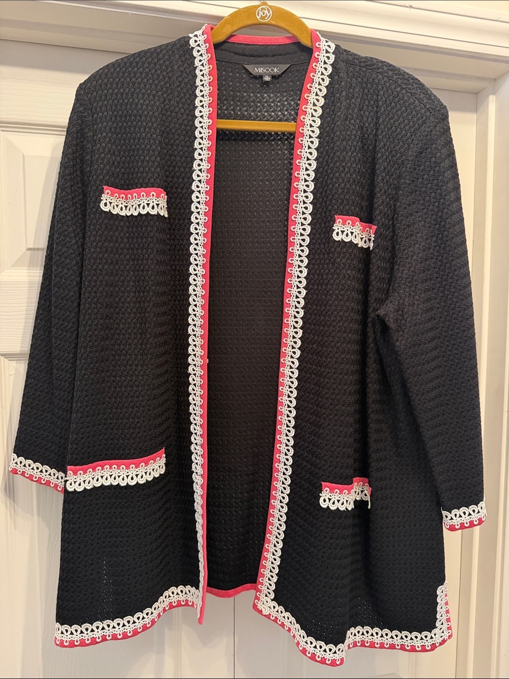 Misook Black Knit Open-Front Jacket with Pink and White Trim